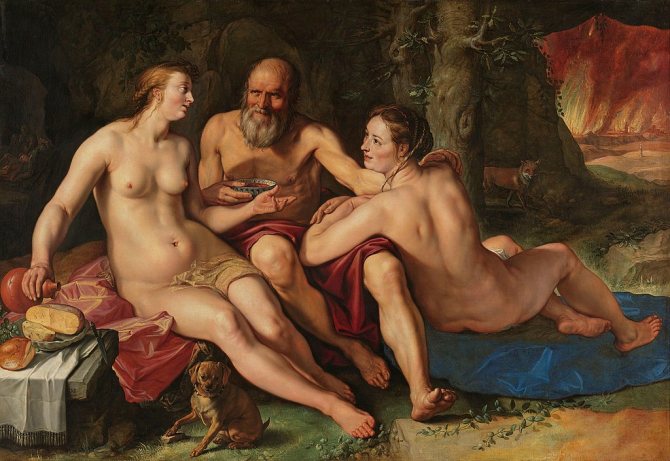 Лот и его дочери (Хендрик Гольциус, 1616 год). Когда пьяный Лот спал, его дочери вошли к нему и зачали от него сыновей Моава и Амона