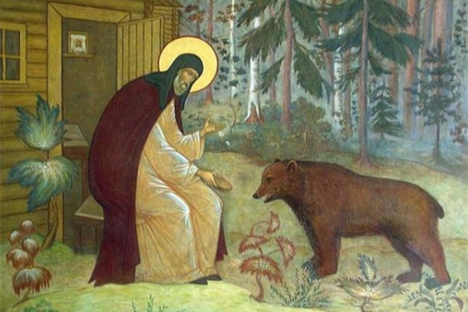 Рисунок 2. Сергий Радонежский кормит хлебом дикого медведя